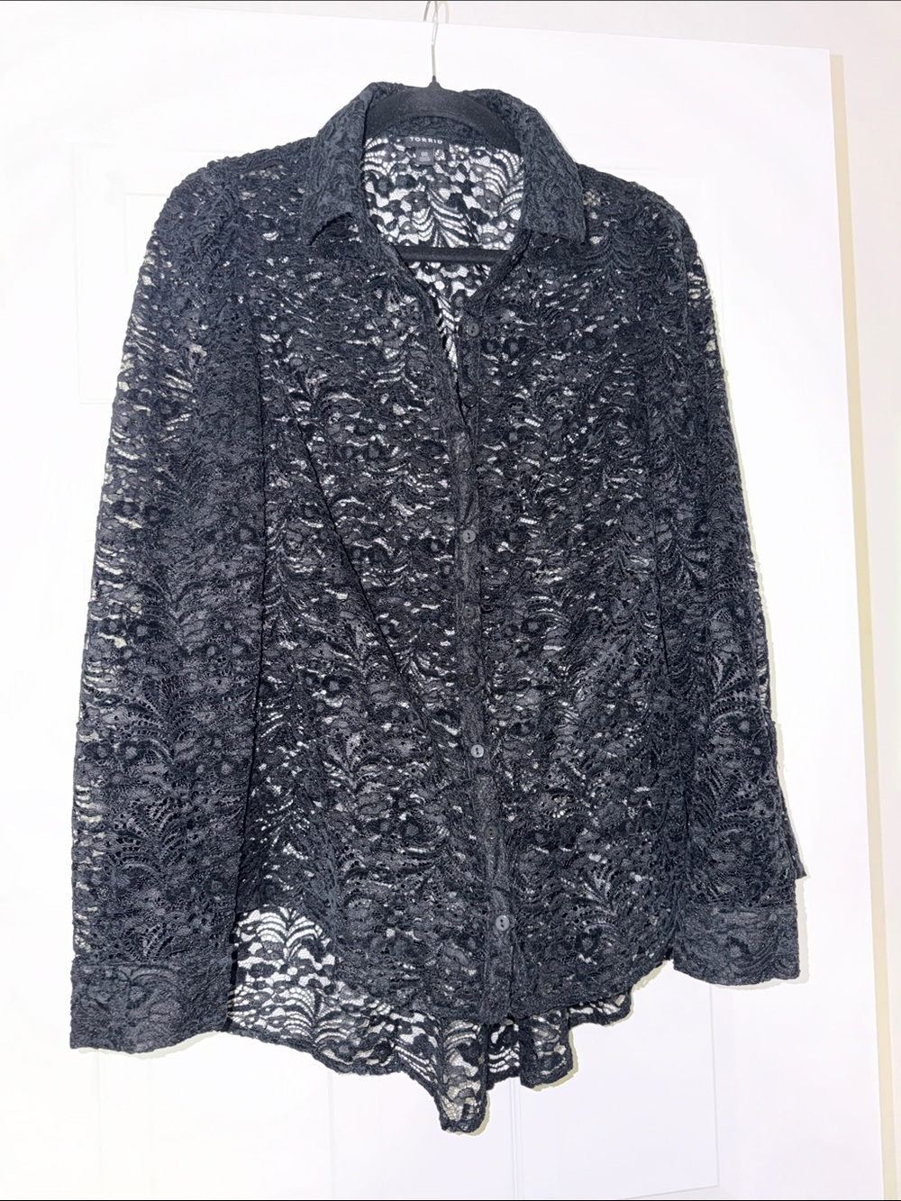 Women's Black Lace Button-Down Shirt - Elegant Sheer Blouse